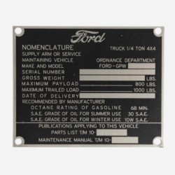 Mid Production Steel Data Plate Set for Ford GPW