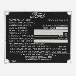 Late Production Aluminum Data Plate Set for Ford GPW